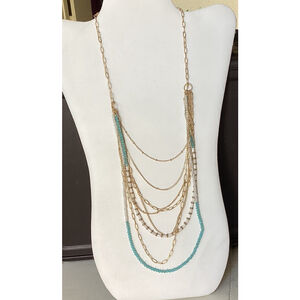 Mixed Chain & Beaded Necklace In Layered Drops Light Blue White & Gold Tone 20”